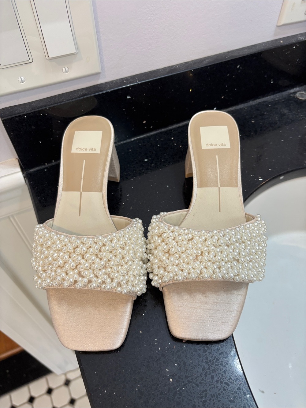 NWT Dolce Vita Pearl-Embellished Ivory Slide Mules